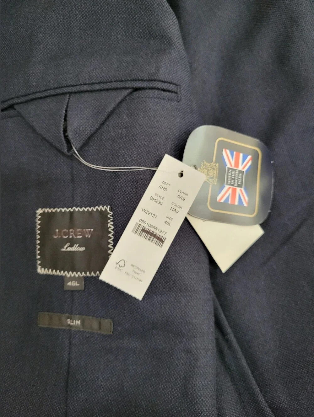 J Crew Ludlow Slim-fit suit jacket in English cotton-wool blend Size 46L Navy